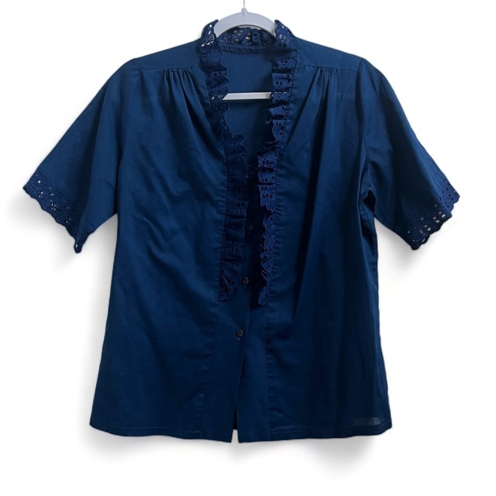 Vintage 1970's Carefree Fashions Navy Blue Eyelet Ruffle Lace Blouse Top